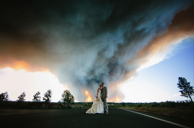 A real time fire in wedding couples portrait background